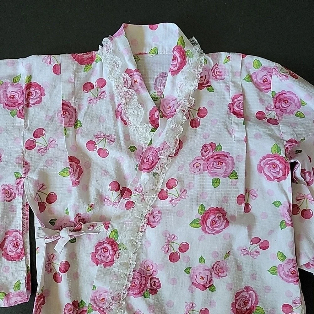 Yukata Girls 7-8 Kimono Top Rose Cherry Print Japanese‎ Botanical Retro Summer